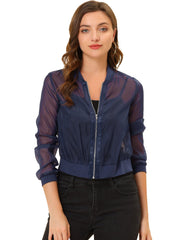 Zip Up See Through Lightweight Long Sleeve Mesh Bomber Jacket