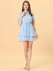 Peter Pan Collar Floral Drawstring Chiffon Layered Dress