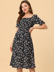Square Neck Puff Sleeve Shirred Floral Casual Midi Dress