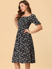 Square Neck Puff Sleeve Shirred Floral Casual Midi Dress