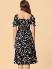 Square Neck Puff Sleeve Shirred Floral Casual Midi Dress