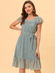 Floral Chiffon Flutter Sleeve Belted Square Neck Ruffled Hem Dress