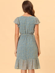 Floral Chiffon Flutter Sleeve Belted Square Neck Ruffled Hem Dress