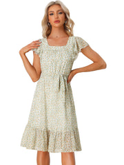 Floral Chiffon Flutter Sleeve Belted Square Neck Ruffled Hem Dress