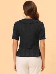 Peter Pan Collar Swiss Dots Short Sleeve Button Front Shirt Blouse