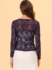 Floral Lace Tie Front Ruffled Hem Sheer Crop Bolero Shrug