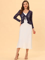 Floral Lace Tie Front Ruffled Hem Sheer Crop Bolero Shrug