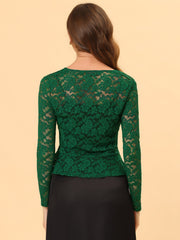 Floral Lace Tie Front Ruffled Hem Sheer Crop Bolero Shrug