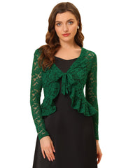 Floral Lace Tie Front Ruffled Hem Sheer Crop Bolero Shrug