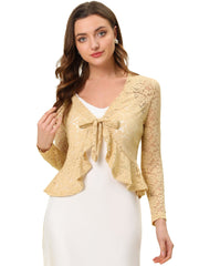 Floral Lace Tie Front Ruffled Hem Sheer Crop Bolero Shrug