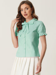Peter Pan Collar Tie Neck Casual Cute Cotton Button-Up Shirt