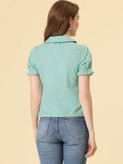 Peter Pan Collar Tie Neck Casual Cute Cotton Button-Up Shirt