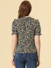 Peter Pan Collar Puff Short Sleeve Ruffle Smocked Floral Blouse