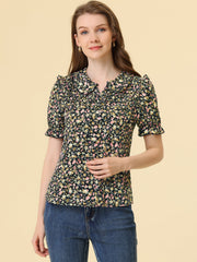 Peter Pan Collar Puff Short Sleeve Ruffle Smocked Floral Blouse