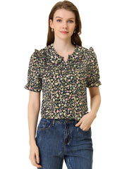 Peter Pan Collar Puff Short Sleeve Ruffle Smocked Floral Blouse