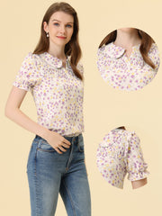 Peter Pan Collar Puff Short Sleeve Ruffle Smocked Floral Blouse