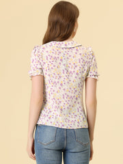 Peter Pan Collar Puff Short Sleeve Ruffle Smocked Floral Blouse