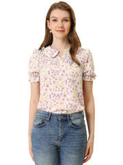 Peter Pan Collar Puff Short Sleeve Ruffle Smocked Floral Blouse