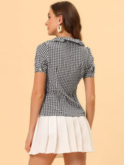 Plaid Blouse Puff Sleeve Ruffle Peter Pan Collar Shirt Top