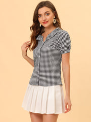 Plaid Blouse Puff Sleeve Ruffle Peter Pan Collar Shirt Top