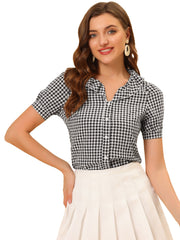Plaid Blouse Puff Sleeve Ruffle Peter Pan Collar Shirt Top