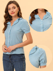 Plaid Blouse Puff Sleeve Ruffle Peter Pan Collar Shirt Top