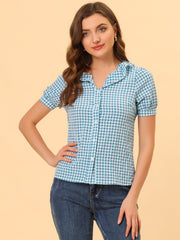 Plaid Blouse Puff Sleeve Ruffle Peter Pan Collar Shirt Top