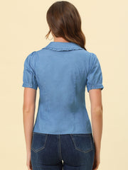 Chambray Shirt Peter Pan Collar Puff Sleeve Vintage Denim Blouse