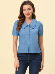 Chambray Shirt Peter Pan Collar Puff Sleeve Vintage Denim Blouse