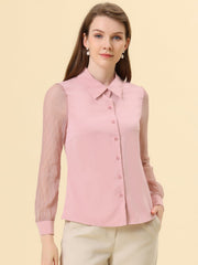 Button Down Shirt Sheer Sleeve Point Collar Work Tops