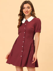 Vintage Peter Pan Collar Lace Up Button Down Dress