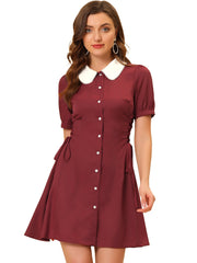 Vintage Peter Pan Collar Lace Up Button Down Dress