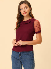Peter Pan Collar Puff Mesh Short Sleeve Polka Dot Blouse