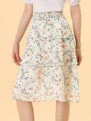 Floral Smocked Elastic Waist Knee Length Ruffle Tiered Skirt