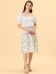 Floral Smocked Elastic Waist Knee Length Ruffle Tiered Skirt