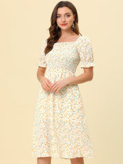 Square Neck Puff Sleeve Shirred Floral Casual Midi Dress