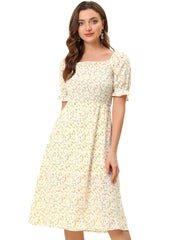 Square Neck Puff Sleeve Shirred Floral Casual Midi Dress