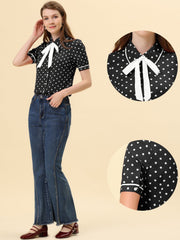 Polka Dot Peter Pan Collar Bow Tie Neck Puff Sleeve Vintage Shirt