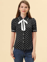 Polka Dot Peter Pan Collar Bow Tie Neck Puff Sleeve Vintage Shirt