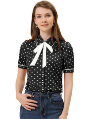 Polka Dot Peter Pan Collar Bow Tie Neck Puff Sleeve Vintage Shirt