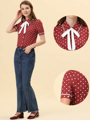Polka Dot Peter Pan Collar Bow Tie Neck Puff Sleeve Vintage Shirt