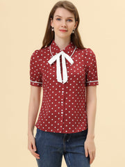 Polka Dot Peter Pan Collar Bow Tie Neck Puff Sleeve Vintage Shirt