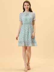 Floral Smocked Tie Neck Puff Sleeve Ruffle Chiffon Tiered Dress