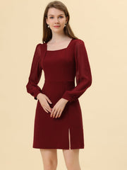 Elegant Mesh Sleeve Split Side A-Line Casual Square Neck Dress
