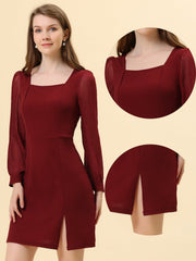 Elegant Mesh Sleeve Split Side A-Line Casual Square Neck Dress