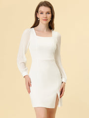 Elegant Mesh Sleeve Split Side A-Line Casual Square Neck Dress