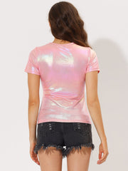Party Metallic Textured Short Sleeve Shiny Multicolor Top