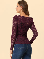 Retro Semi Sheer Puff Long Sleeve Embroidery Lace Blouse