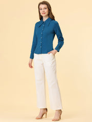 Work Office Button Down Shirt Point Collar Long Sleeve Top