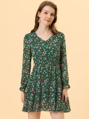 Long Sleeve V Neck Elastic Waist Ruffle Hem Chiffon Floral Dress